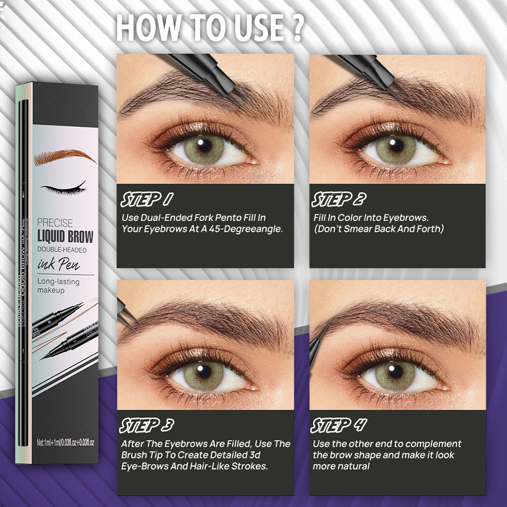 JAYWAYNE Double-Headed Liquid Brow Ink Pen, 2-in-1 Microblading Eyebrow Pen with 2-Fork Tip & Spoolie Brush, Waterproof, Long-Lasting Makeup, Natural Hair-Like Strokes, Dark Brown