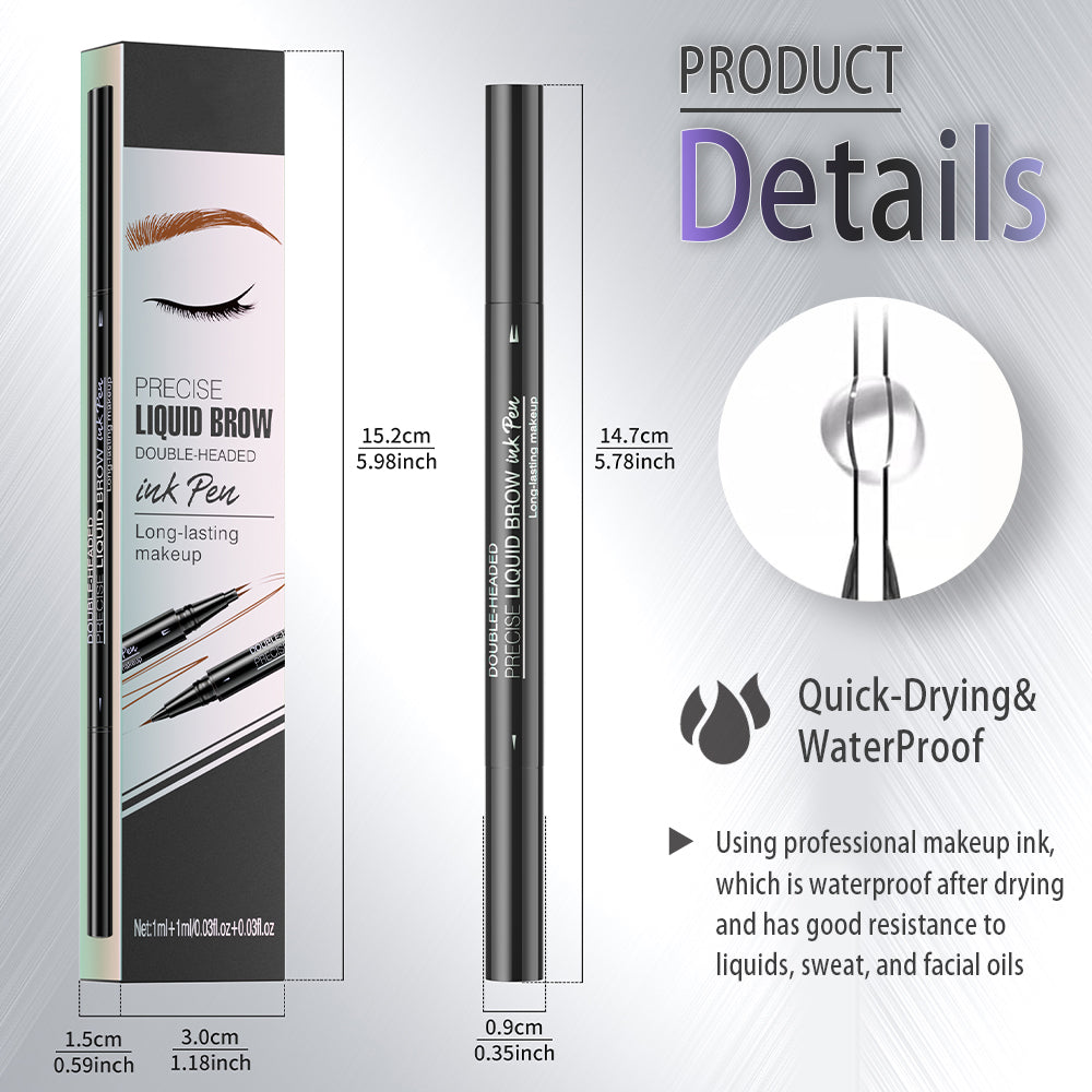 Dr.pedi Double-Headed Liquid Brow Ink Pen, 2-in-1 Microblading Eyebrow Pen with 2-Fork Tip & Spoolie Brush, Waterproof, Long-Lasting Makeup, Natural Hair-Like Strokes, Black