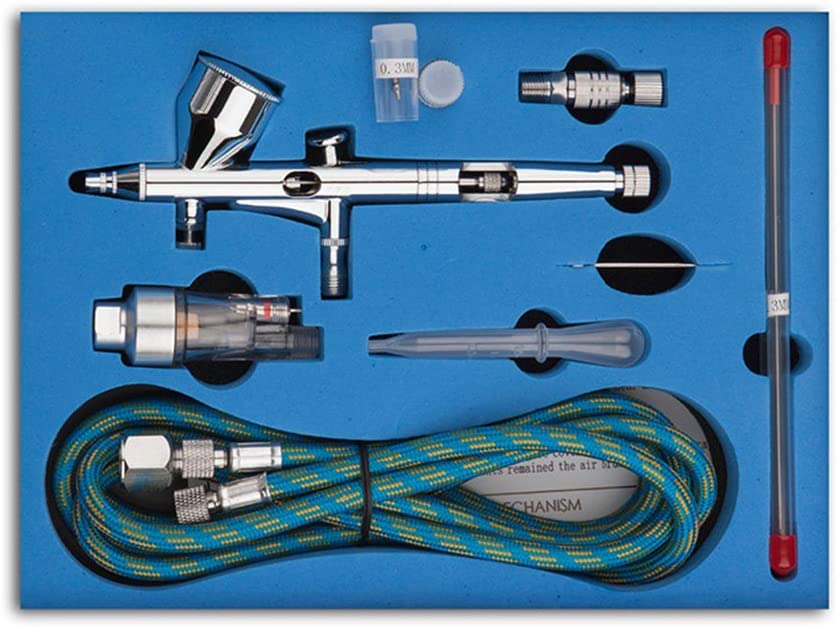 Double Action Airbrush Kit Air Brush Spray Gun with 0.3mm/0.2mm/0.5mm Needles and Air Hose for Temporary Tattoo Nail Art Car Hobby