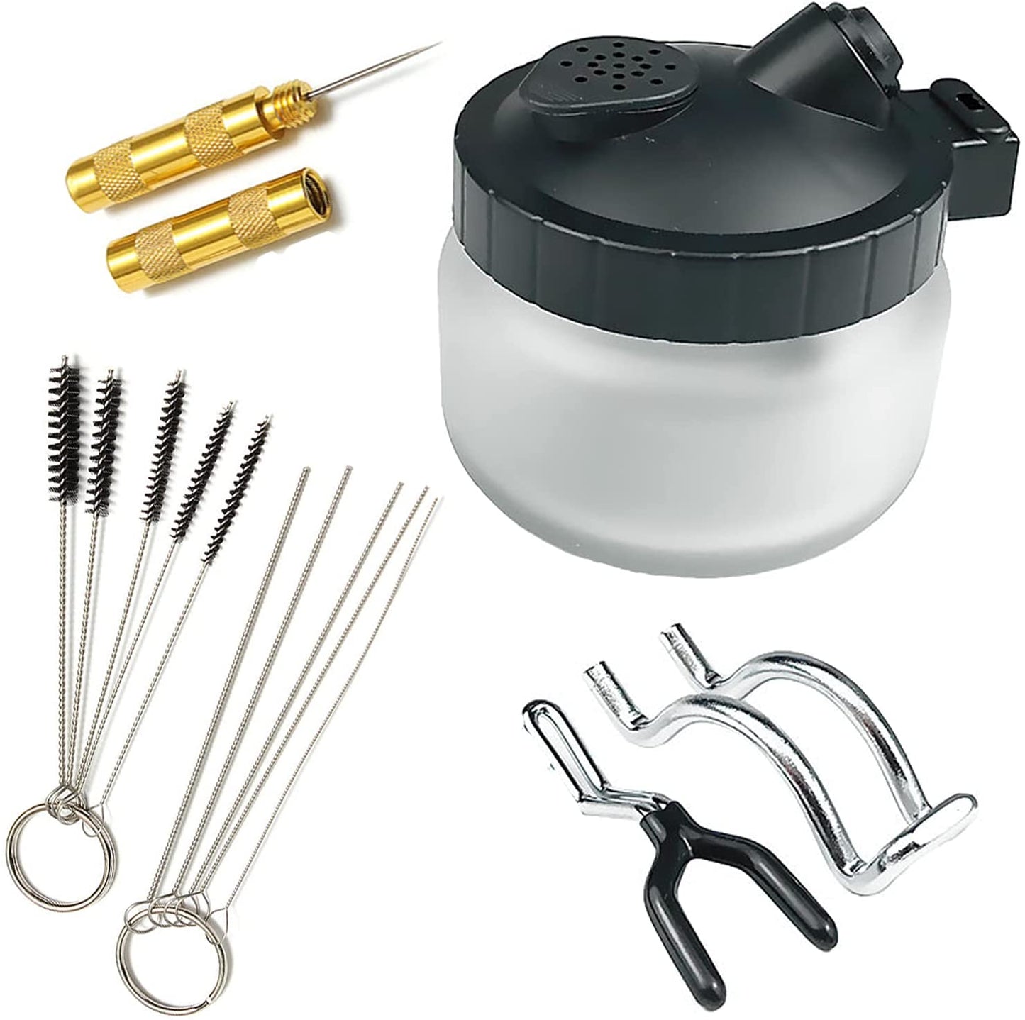 Airbrush Cleaning Kit Jaywayne Airbrush Cleaner Glass Cleaning Pot with Holder and Air Filter Mat,Airbrush Cleaning Tool Set with Nozzle Cleaning Needles Brush,Airbrush Spray Gun Cleaning Kit