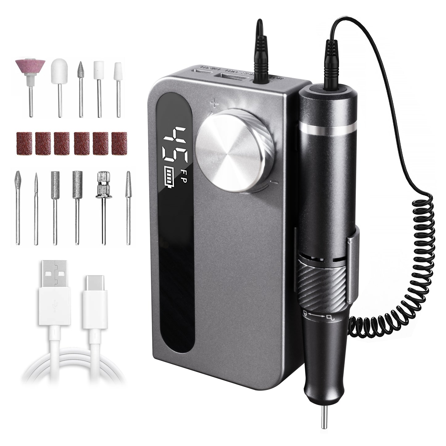 Dr.pedi 45000 RPM Cordless Nail Drill, Rechargeable Electric Nail Grinder for Acrylic Gel Nails, Professional Manicure Pedicure Kit with 6 Bits - Dark Gray
