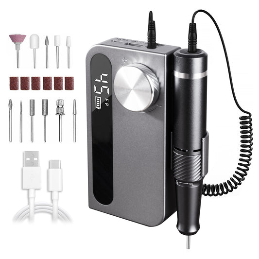 Dr.pedi 45000 RPM Cordless Nail Drill, Rechargeable Electric Nail Grinder for Acrylic Gel Nails, Professional Manicure Pedicure Kit with 6 Bits - Dark Gray