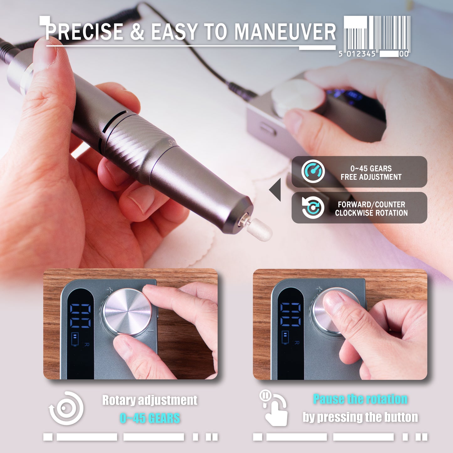 Dr.pedi 45000 RPM Cordless Nail Drill, Rechargeable Electric Nail Grinder for Acrylic Gel Nails, Professional Manicure Pedicure Kit with 6 Bits - Dark Gray