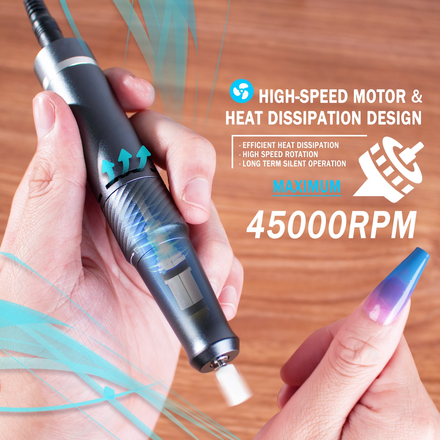Dr.pedi 45000 RPM Cordless Nail Drill, Rechargeable Electric Nail Grinder for Acrylic Gel Nails, Professional Manicure Pedicure Kit with 6 Bits - Dark Gray