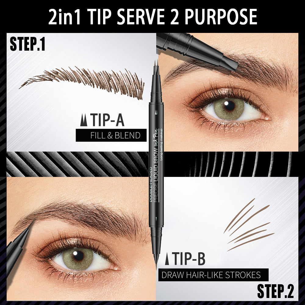 Dr.pedi Double-Headed Liquid Brow Ink Pen, 2-in-1 Microblading Eyebrow Pen with 2-Fork Tip & Spoolie Brush, Waterproof, Long-Lasting Makeup, Natural Hair-Like Strokes, Black Brown