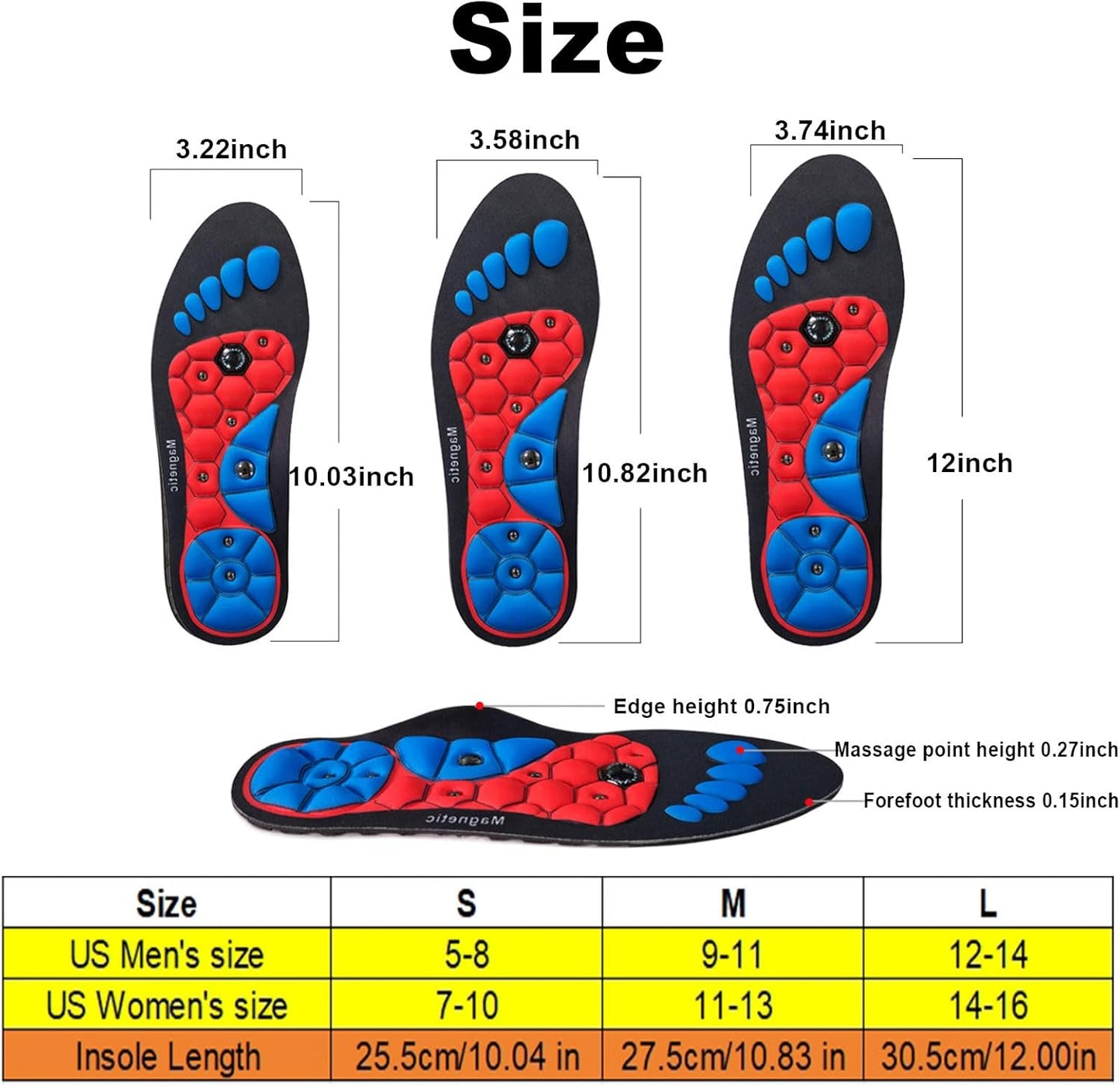 Dr.pedi Magnetic Therapy Insoles with Massage Knobs - Breathable Orthotic Shoe Inserts for Men & Women, Acupressure Arch Support for Foot Pain Relief (Red, S)