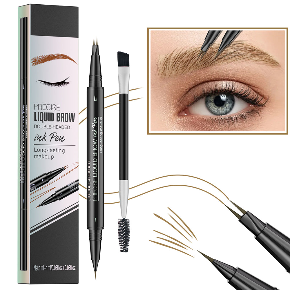 Dr.pedi Double-Headed Liquid Brow Ink Pen, 2-in-1 Microblading Eyebrow Pen with 2-Fork Tip & Spoolie Brush, Waterproof, Long-Lasting Makeup, Natural Hair-Like Strokes, Light Brown