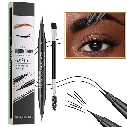 Dr.pedi Double-Headed Liquid Brow Ink Pen, 2-in-1 Microblading Eyebrow Pen with 2-Fork Tip & Spoolie Brush, Waterproof, Long-Lasting Makeup, Natural Hair-Like Strokes, Black