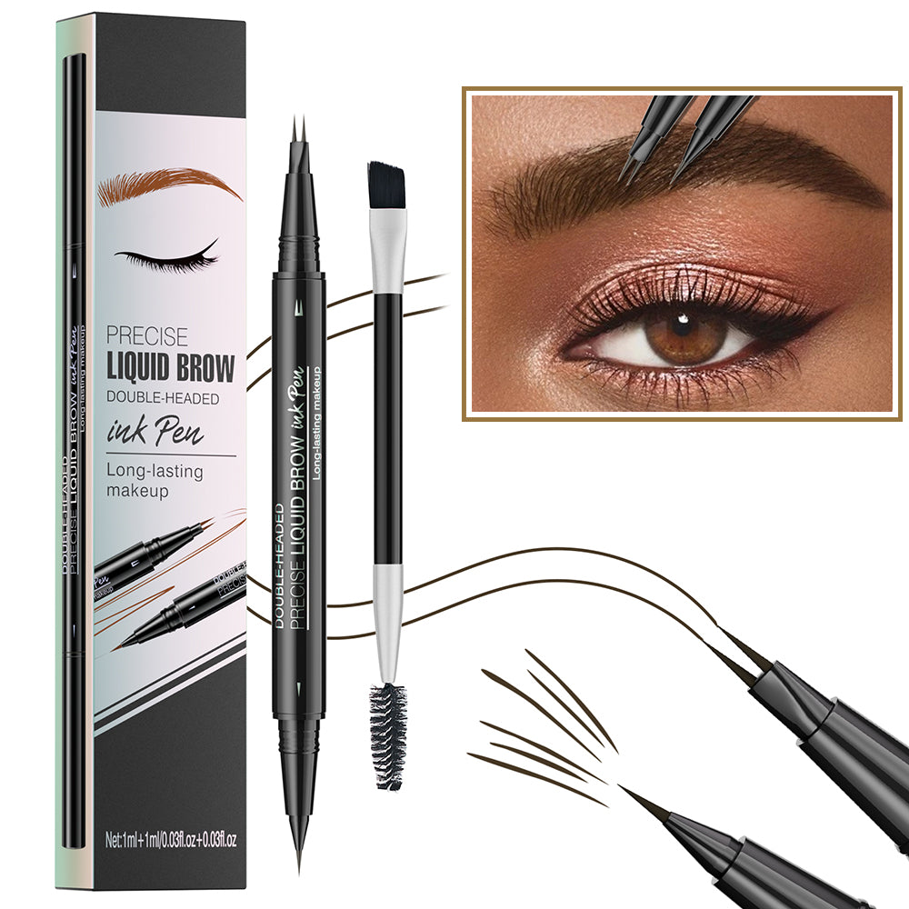 Dr.pedi Double-Headed Liquid Brow Ink Pen, 2-in-1 Microblading Eyebrow Pen with 2-Fork Tip & Spoolie Brush, Waterproof, Long-Lasting Makeup, Natural Hair-Like Strokes, Black Brown
