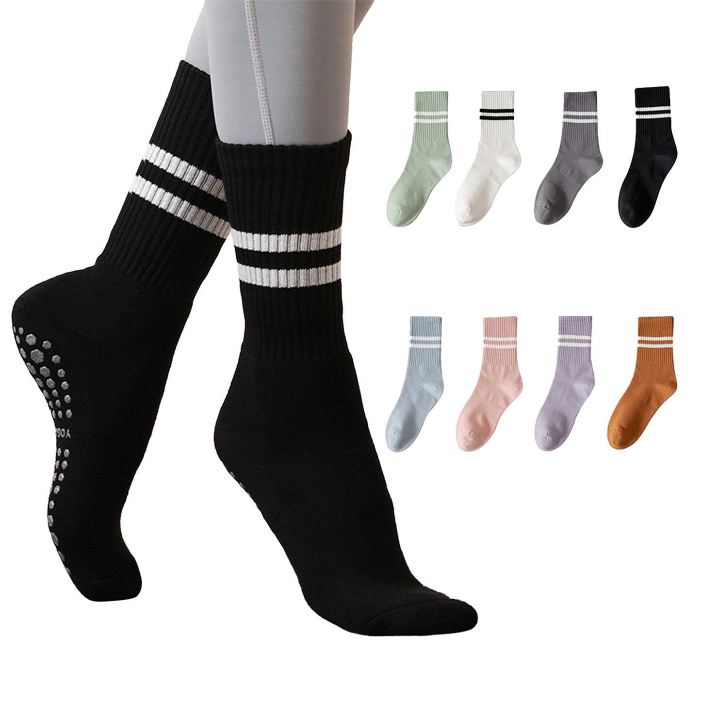Dr.pedi 8 Pairs Non-Slip Grip Socks for Women, Crew Yoga Pilates Socks with Arch Support, Traction Workout Socks for Barre, Ballet, Hospital, Home