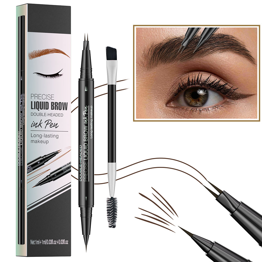 JAYWAYNE Double-Headed Liquid Brow Ink Pen, 2-in-1 Microblading Eyebrow Pen with 2-Fork Tip & Spoolie Brush, Waterproof, Long-Lasting Makeup, Natural Hair-Like Strokes, Dark Brown