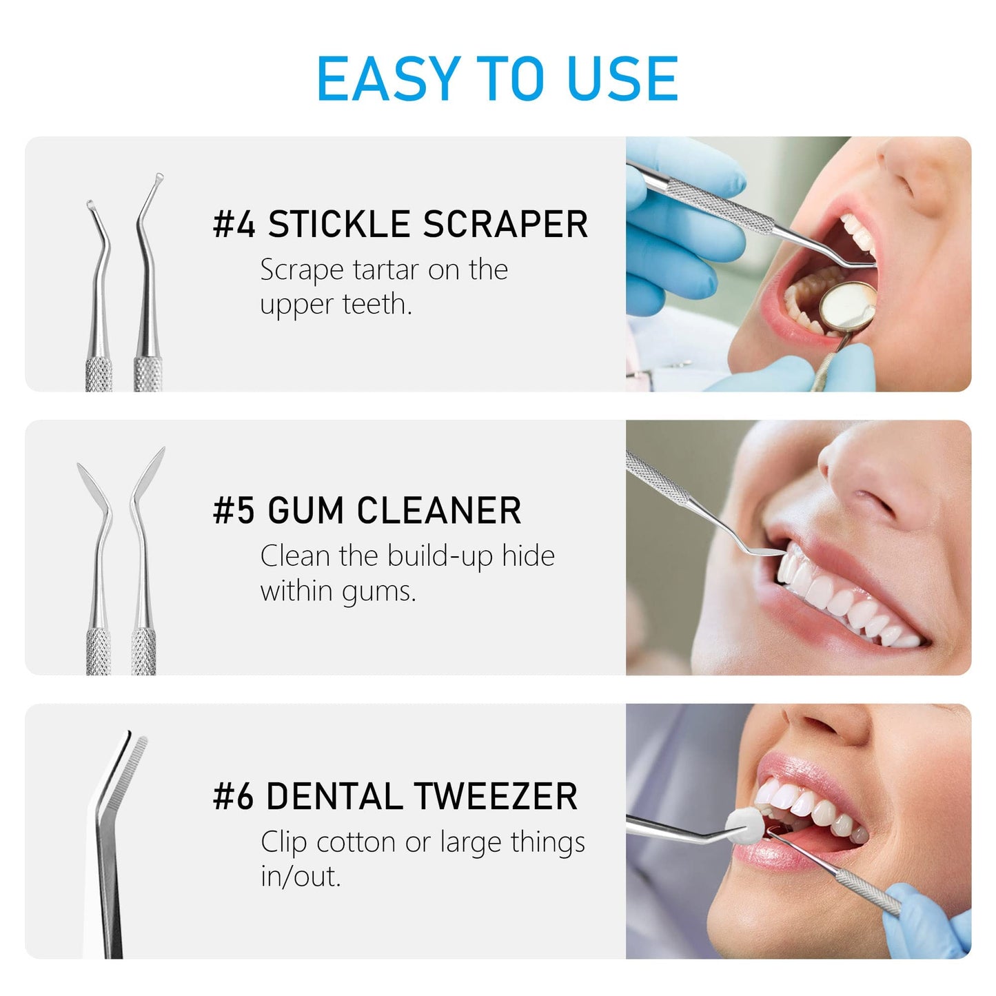 JAYWAYNE Dental Tools Teeth Cleaning Tools Kit 6 Pcs Dental Care Kit Stainless Steel Dental Pick Tartar Remover Tool for Home, Dental Office, Personal Oral Care - Storage Case Included