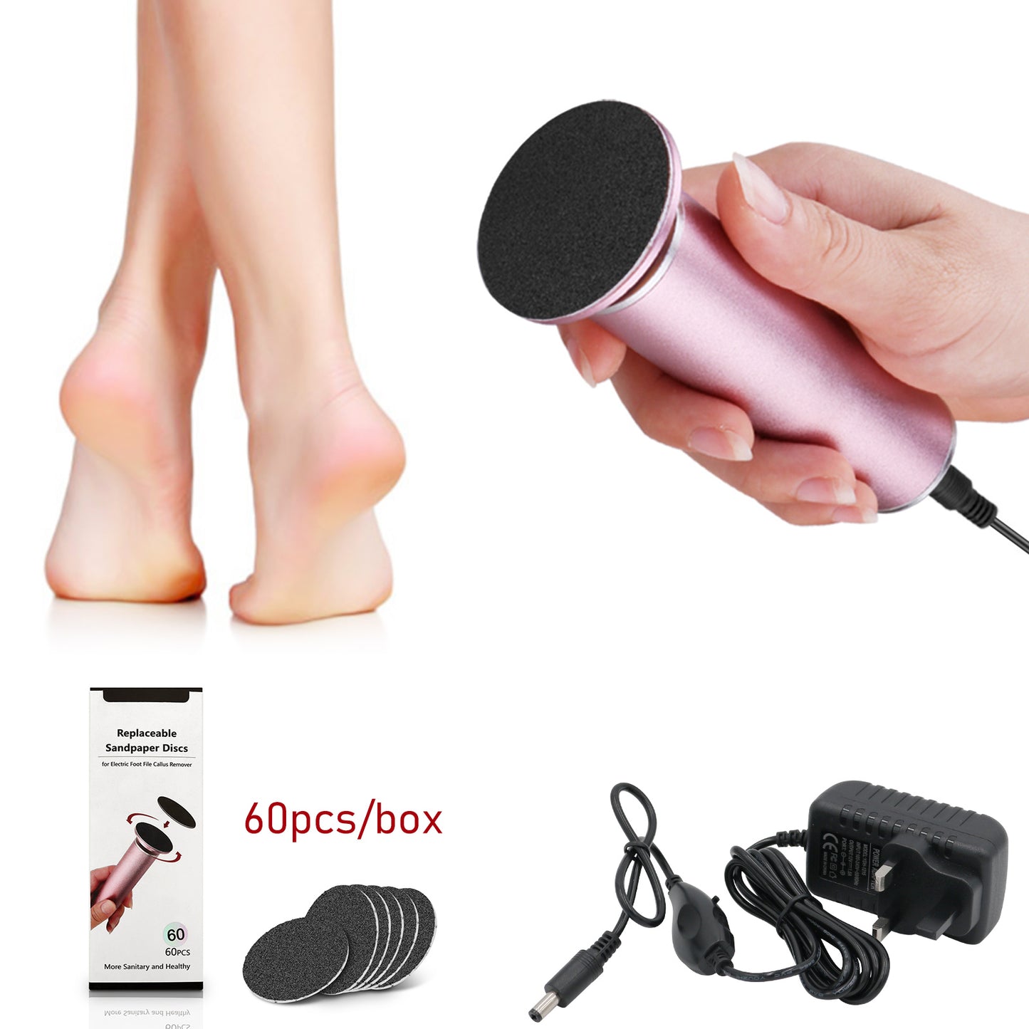 Dr.pedi Electric Callus Remover Rechargeable Pink, Foot File with 3 Replacement Pads & Built-in Switch, Pedicure Grinder for Dead Skin, Hard & Cracked Heels, Home Foot Care Essentials for Women & Men