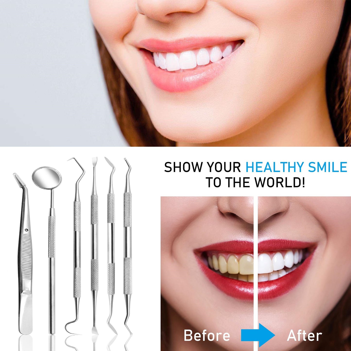 JAYWAYNE Dental Tools Teeth Cleaning Tools Kit 6 Pcs Dental Care Kit Stainless Steel Dental Pick Tartar Remover Tool for Home, Dental Office, Personal Oral Care - Storage Case Included