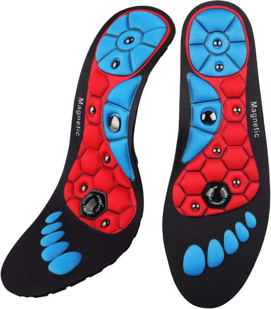 JAYWAYNE Magnetic Therapy Insoles with Massage Knobs - Breathable Orthotic Shoe Inserts for Men & Women, Acupressure Arch Support for Foot Pain Relief (Red, L)
