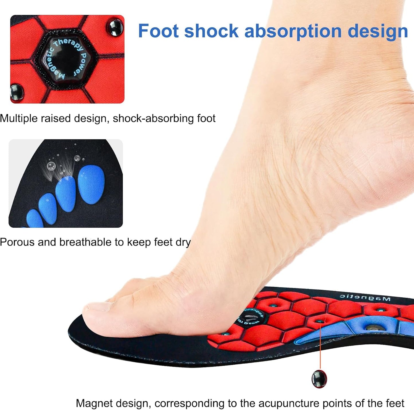 JAYWAYNE Magnetic Therapy Insoles with Massage Knobs - Breathable Orthotic Shoe Inserts for Men & Women, Acupressure Arch Support for Foot Pain Relief (Red, L)