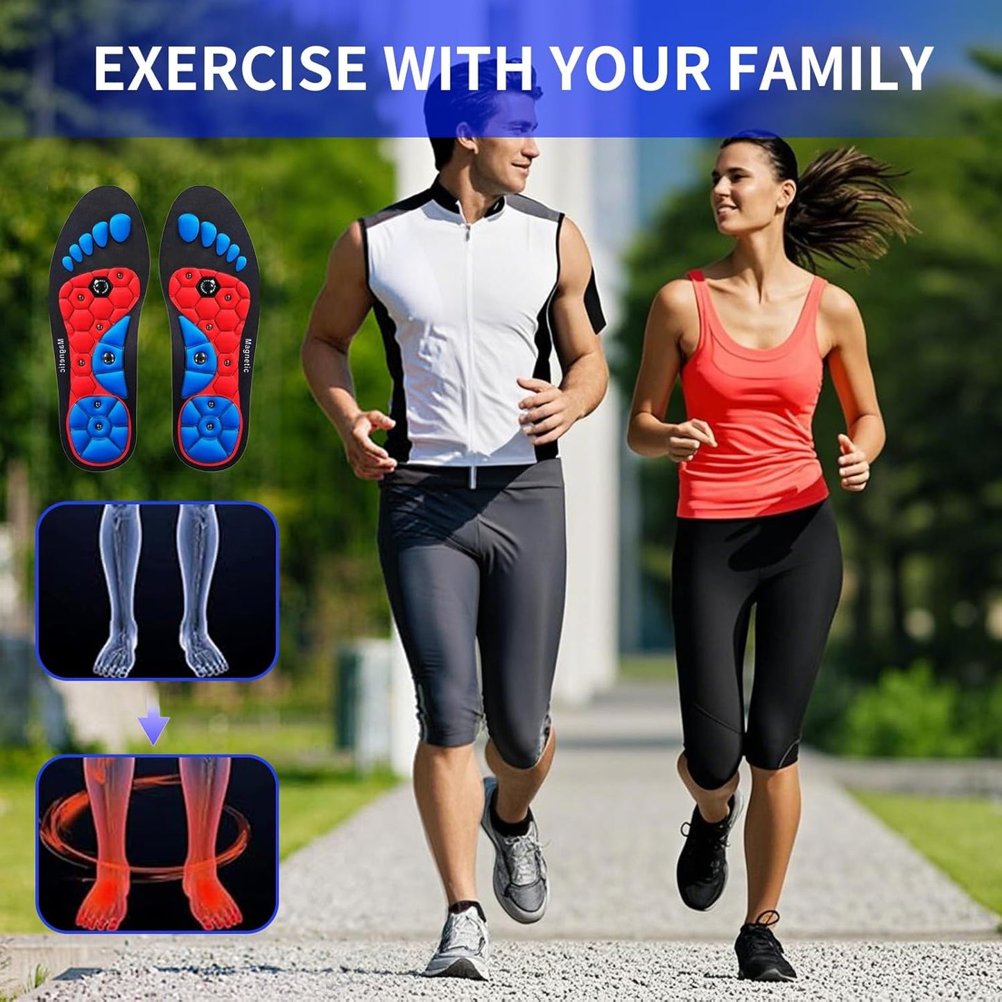 JAYWAYNE Magnetic Therapy Insoles with Massage Knobs - Breathable Orthotic Shoe Inserts for Men & Women, Acupressure Arch Support for Foot Pain Relief (Red, L)