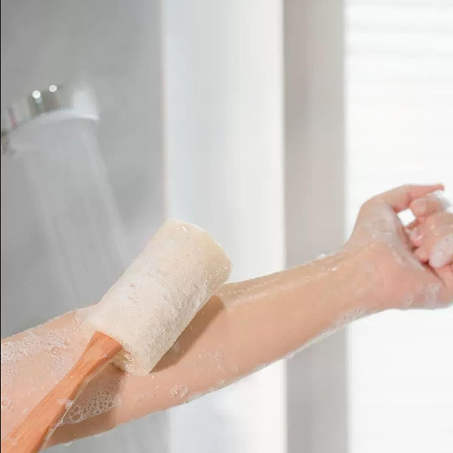 Dr.pedi Long Handle Back Scrubber, Exfoliating Body Scrub Brush with Natural Loofah on a Stick for Men and Women, Reusable Bath Brush for Smooth Skin