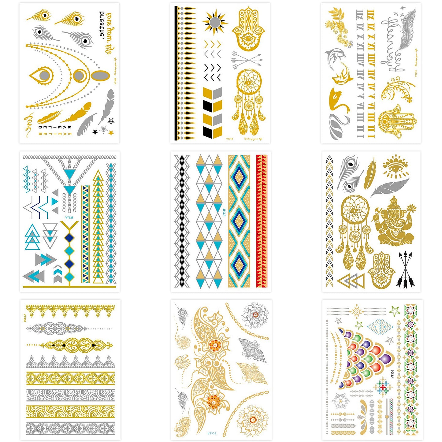 Henna Tattoo, Metallic Temporary Tattoo 9 Pcs, Gold Freckles Fake Tattoo Stickers Waterproof for Women Teen Girls,Beach, Festivals, & Parties