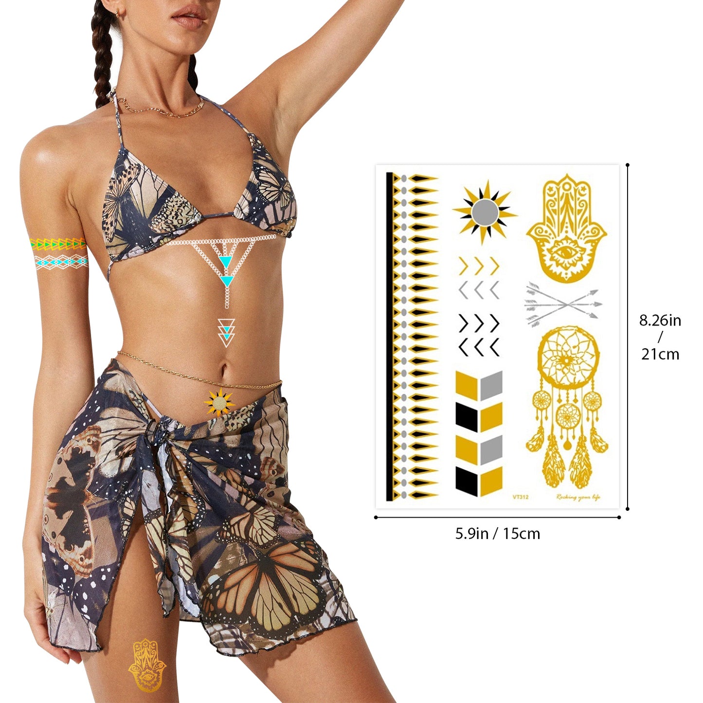 Henna Tattoo, Metallic Temporary Tattoo 9 Pcs, Gold Freckles Fake Tattoo Stickers Waterproof for Women Teen Girls,Beach, Festivals, & Parties