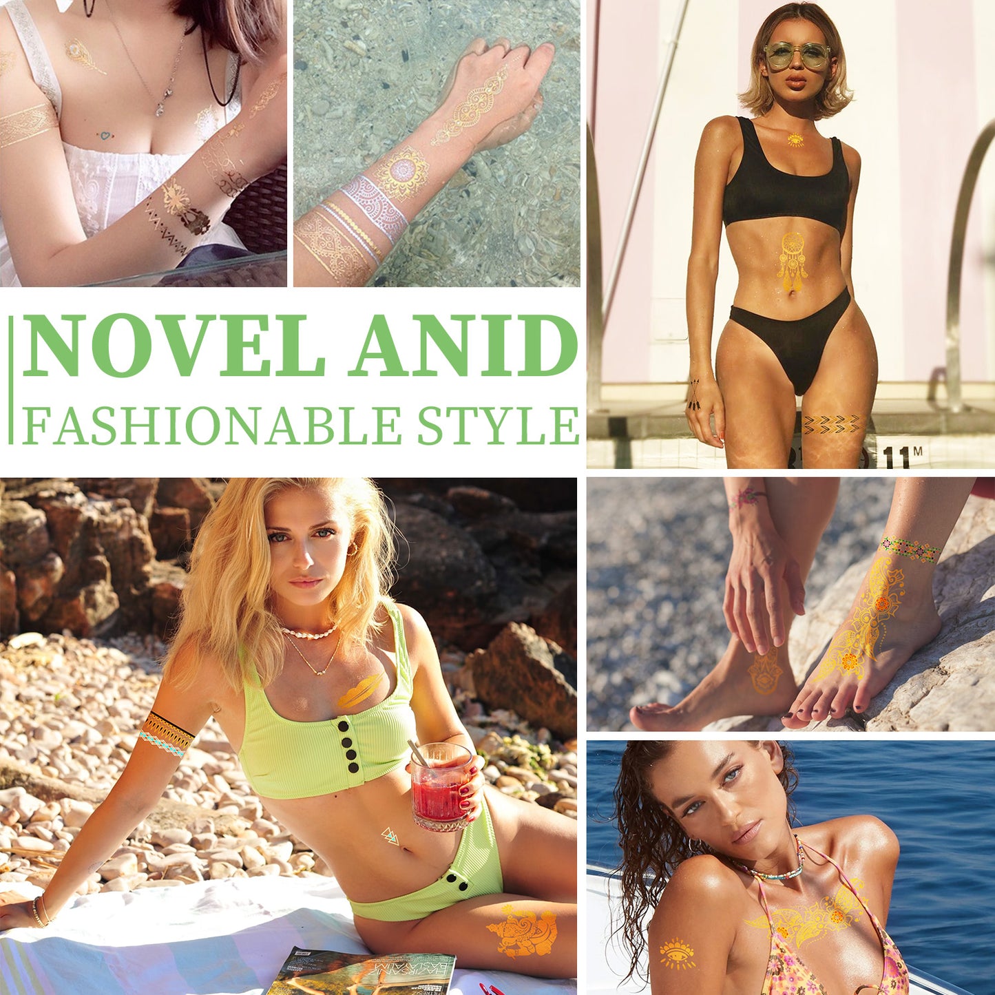 Henna Tattoo, Metallic Temporary Tattoo 9 Pcs, Gold Freckles Fake Tattoo Stickers Waterproof for Women Teen Girls,Beach, Festivals, & Parties