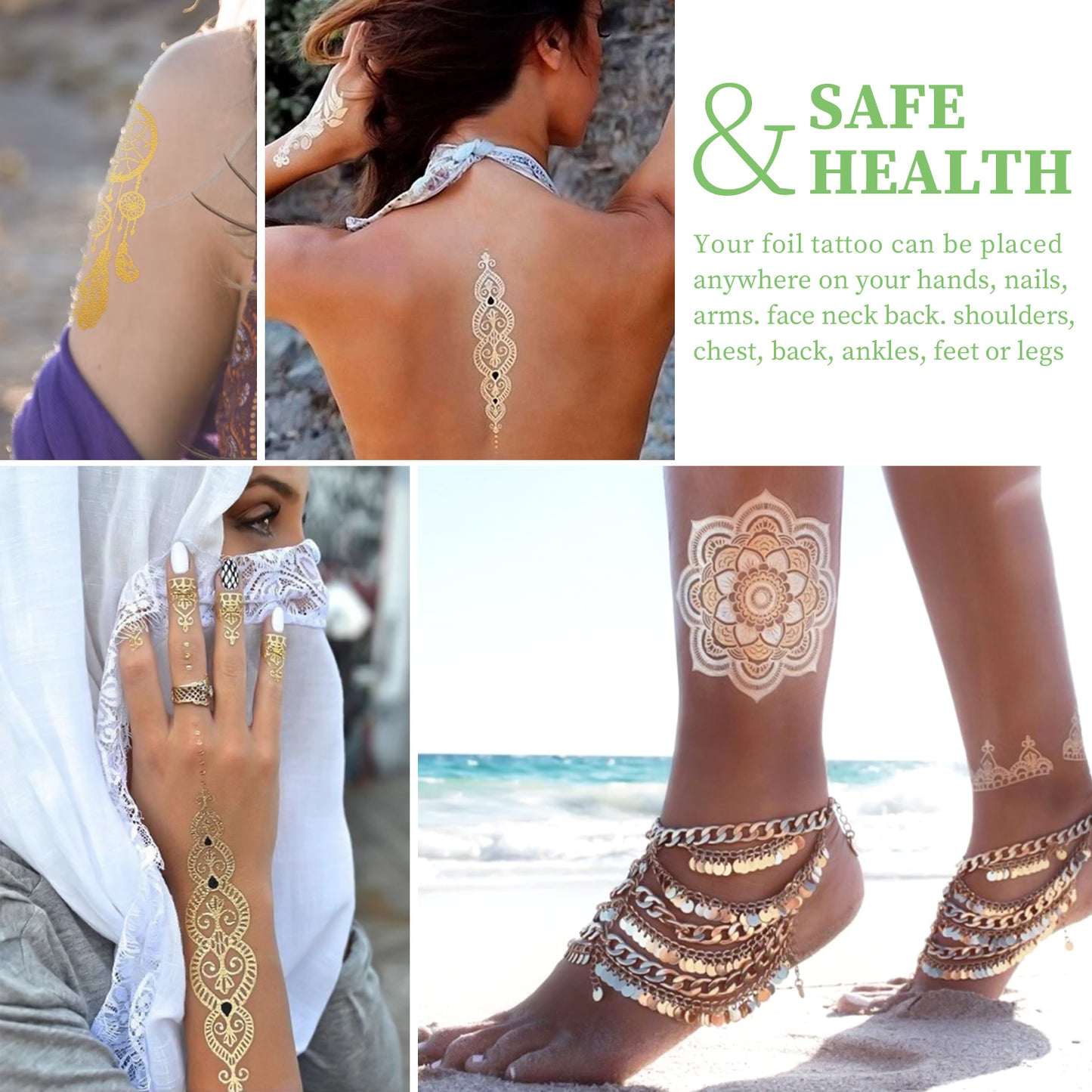 Henna Tattoo, Metallic Temporary Tattoo 9 Pcs, Gold Freckles Fake Tattoo Stickers Waterproof for Women Teen Girls,Beach, Festivals, & Parties