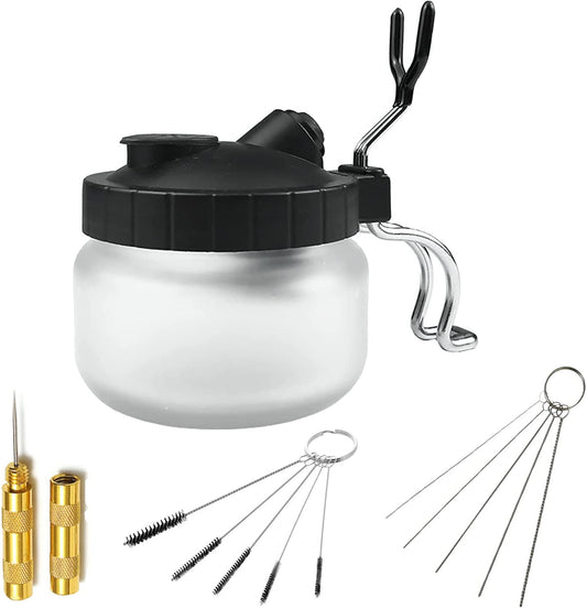 Airbrush Cleaning Kit Jaywayne Airbrush Cleaner Glass Cleaning Pot with Holder and Air Filter Mat,Airbrush Cleaning Tool Set with Nozzle Cleaning Needles Brush,Airbrush Spray Gun Cleaning Kit