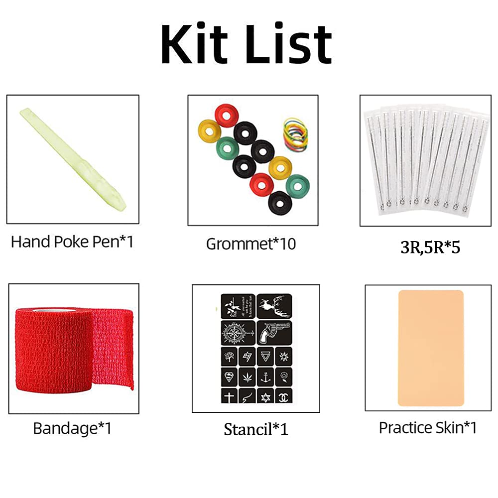 Jaywayne Stick and Poke Tattoo Kit,Tattoo Kit with 10 PCS Tattoo Needles,Hand Poke Tattoo Supplies Kit with Tattoo Practice Skins Cohesive Bandage DIY Hand Poke Pen