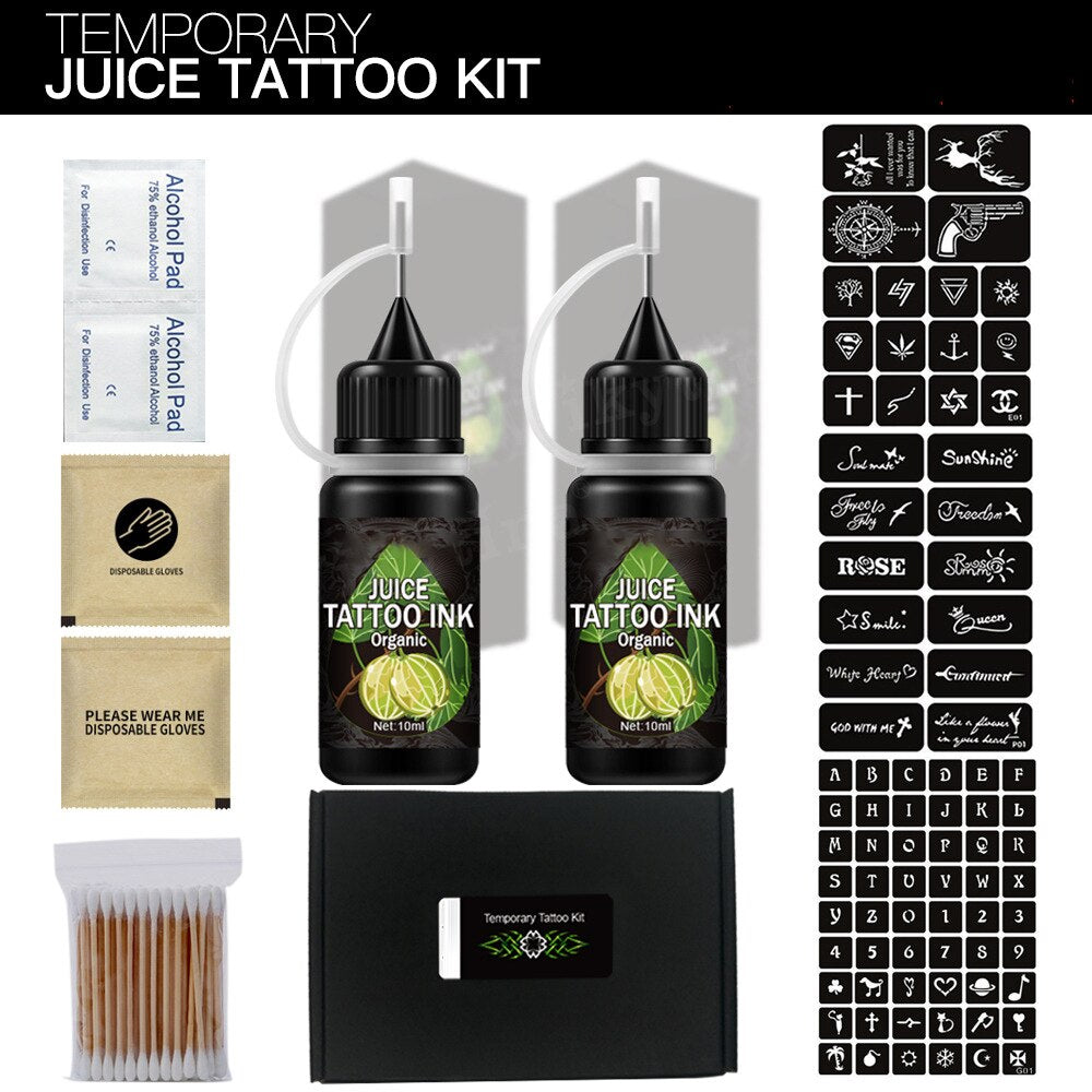Temporary Tattoo Pigment Body Paint Kit Waterproof Juice Tattoo Ink Body Art Paint Kit with Tattoo Stencils